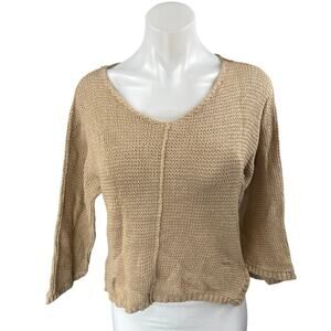 Ecru Women's Brown Tan Open Knit Long Sleeve V-Neck Crop Sweater Top Size S/M